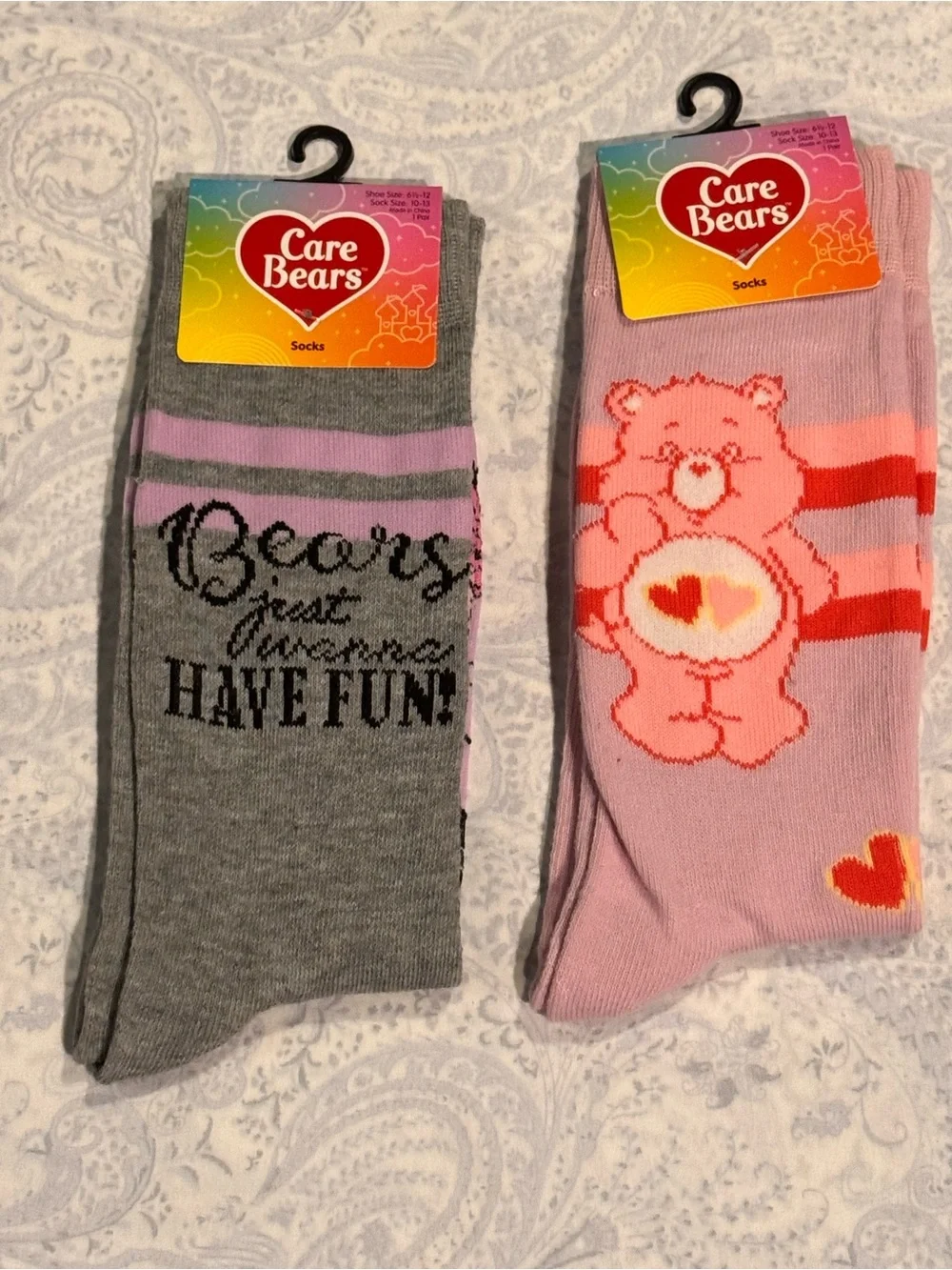 Care Bears Crew Socks – Pink & Gray Duo with Bear Graphics
